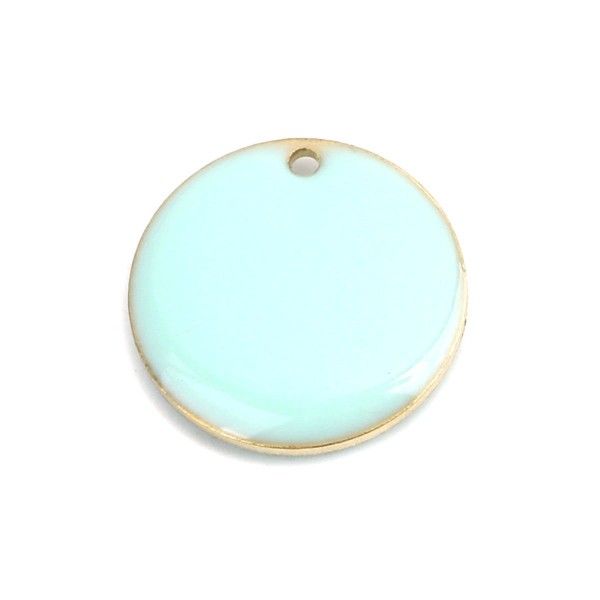 Sequins résine style émaillés rond Bleu Pastel 16 mm sur une base en métal dore