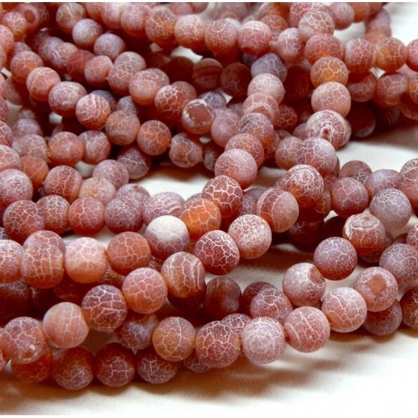Perles rondes 8 mm, Agate craquelée, effet givre, Rouge Orange coloris 04