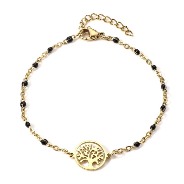 Bracelet Arbre dans médaillon avec résine style émaillé Noir en Acier Inoxydable 304 finition 18KT