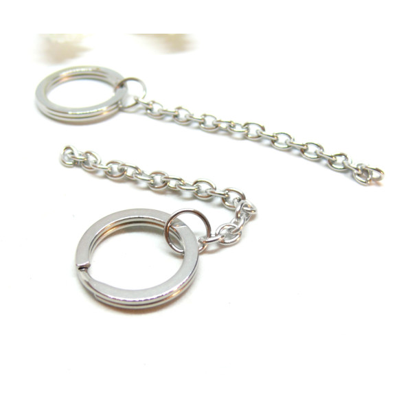 Porte Cles, Porte Clefs 20mm en Acier Inoxydable finition Argent Platine avec Chaine