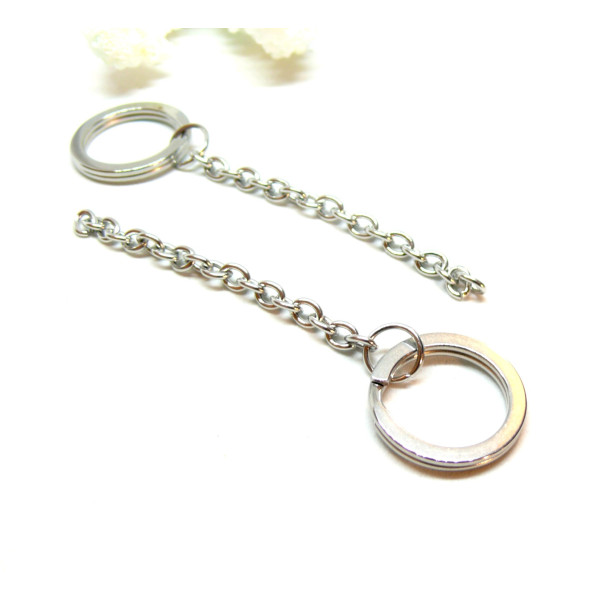Porte Cles, Porte Clefs 20mm en Acier Inoxydable finition Argent Platine avec Chaine