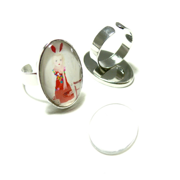 Supports de Bagues Ovale Qualité Superieur 18 par 25mm BN118943 Argent Platine et 4 cabochons en verre transparents