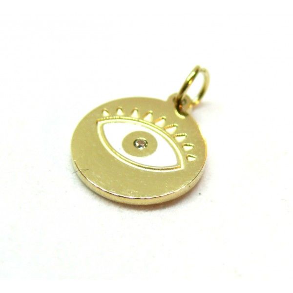 Pendentif avec anneau Oeil de la protection, amulette 10mm en acier Inoxydable 316 finition à l'or fin 14K