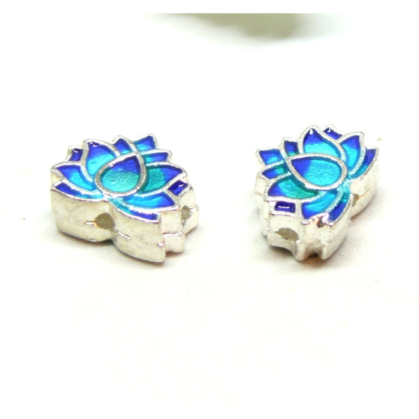 Perles intercalaire Cloisonné résine style émaillés Biface Fleur de lotus 13mm sur une base en métal Argenté