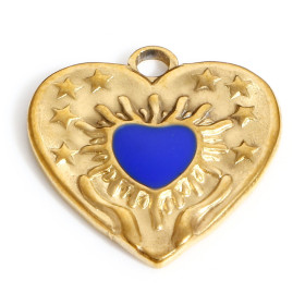 Pendentif Cœur résine émaillé Bleu Roi 17mm - en Acier Inoxydable 304 finition Doré