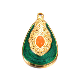 Pendentif Maharajah Goutte travaillée en résine émaillée 35mm VERTE en Acier Inoxydable 304 Doré