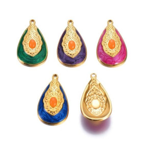 Pendentif Maharajah Goutte travaillée en résine émaillée 35mm VIOLET en Acier Inoxydable 304 Doré