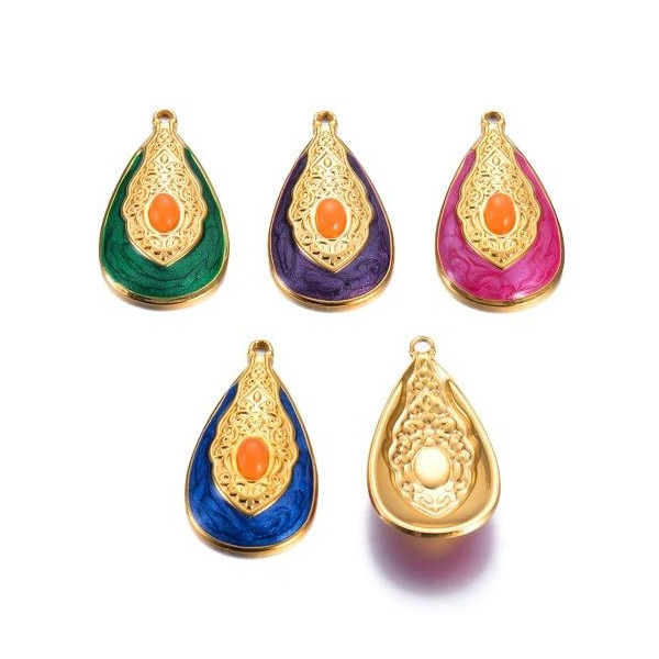 Pendentif Maharajah Goutte travaillée en résine émaillée 35mm VIOLET en Acier Inoxydable 304 Doré