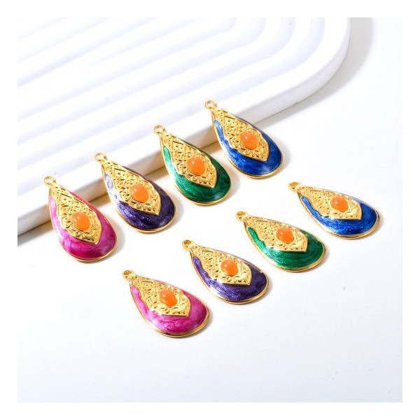 Pendentif Maharajah Goutte travaillée en résine émaillée 35mm ROSE en Acier Inoxydable 304 Doré