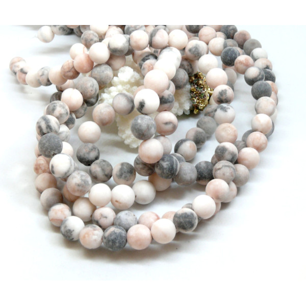 Perles rondes 6mm Jaspe Zèbre Rose effet GIVRE