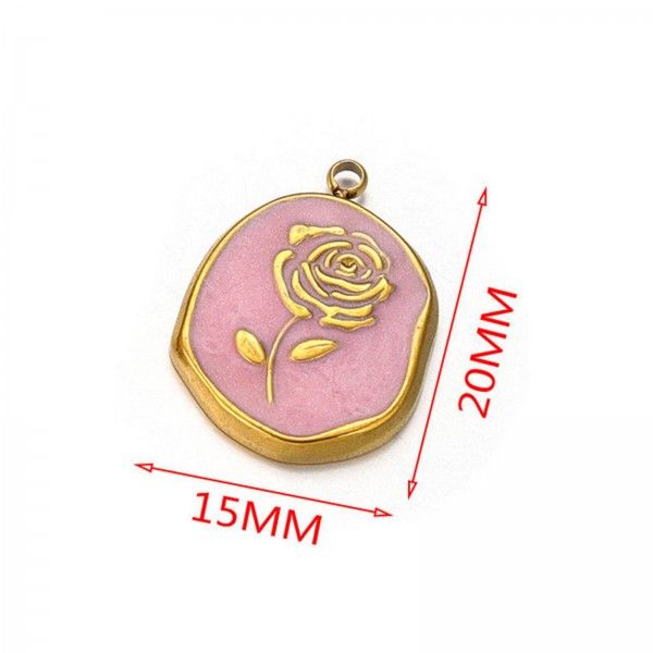 Pendentif médaillon Retro romantique avec Rose Résine émaillée Rose 20mm en Acier Inoxydable placage Doré 18KT