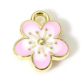 Pendentifs résine émaillées Fleurs de Sakura 10mm Rose sur métal Doré