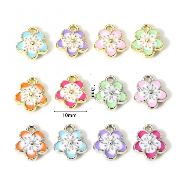 Pendentifs résine émaillées Fleurs de Sakura 10mm Rose sur métal Doré