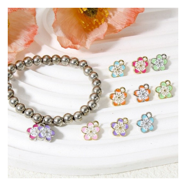 Pendentifs résine émaillées Fleurs de Sakura 10mm Rose sur métal Doré