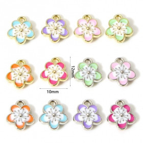 Pendentifs résine émaillées Fleurs de Sakura 10mm Rose sur métal Argenté
