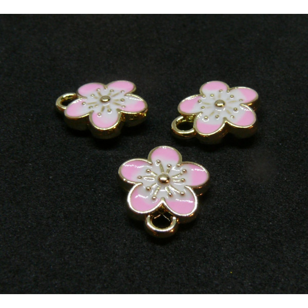 Pendentifs résine émaillées Fleurs de Sakura 10mm Rose sur métal Doré