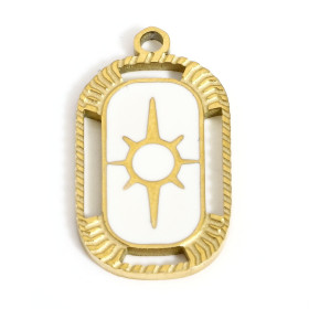 Pendentif Rectangle avec Etoile émaillé Blanc Acier Inoxydable finition Doré