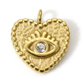 Pendentif Coeur avec Oeil de la protection et strass 12mm - Doré en Acier Inoxydable 304