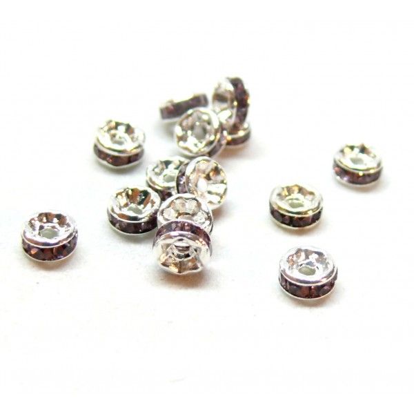 Perles intercalaires Rondelles avec Strass Rose 4 mm, métal finition Argent VIF