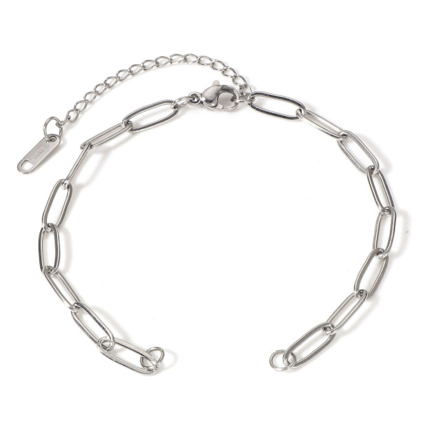 Bracelet Ajustable avec chaine d'extension Maille  rectangle 3.5 par 12mm Acier Inoxydable 304 Argent Platine