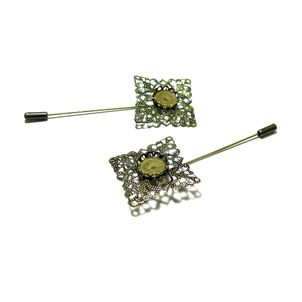 Supports de Broches Fibule Carré Rétro Dentelle pour Cabochon 12mm – Métal Bronze