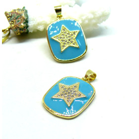 Pendentif Charms, Rectangle avec Etoile émaillés avec Strass 21mm Turquoise REF 6