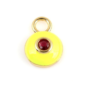 Pendentif émaillés Rond Jaune 13mm avec Strass Rouge