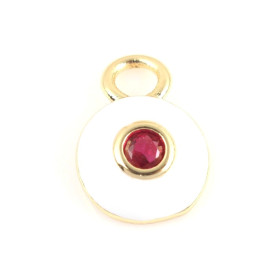 Pendentif émaillés Rond Blanc 13mm avec Strass Rouge REF2