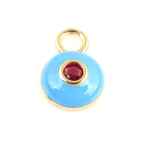 Pendentif émaillés Rond Bleu Turquoise 13mm avec Strass Rouge