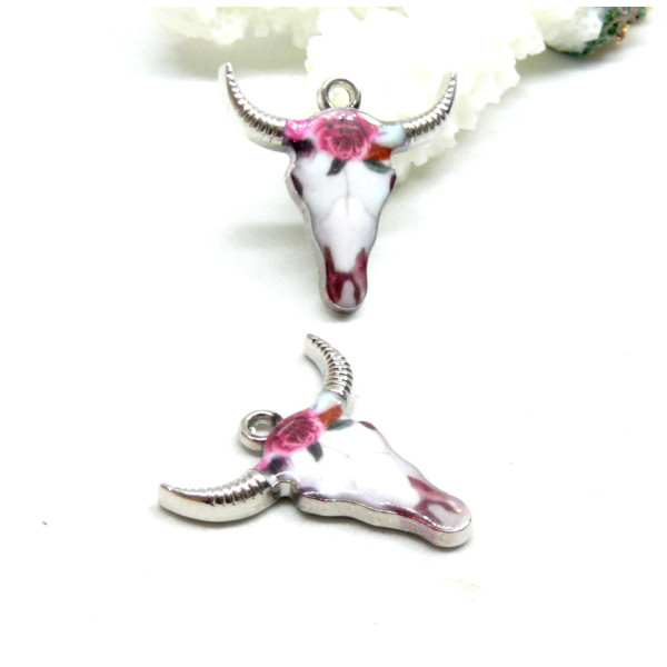 Pendentifs Buffalo, Buffle Tète Vache Boho Chic style emaillé 22mm metal couleur Argent