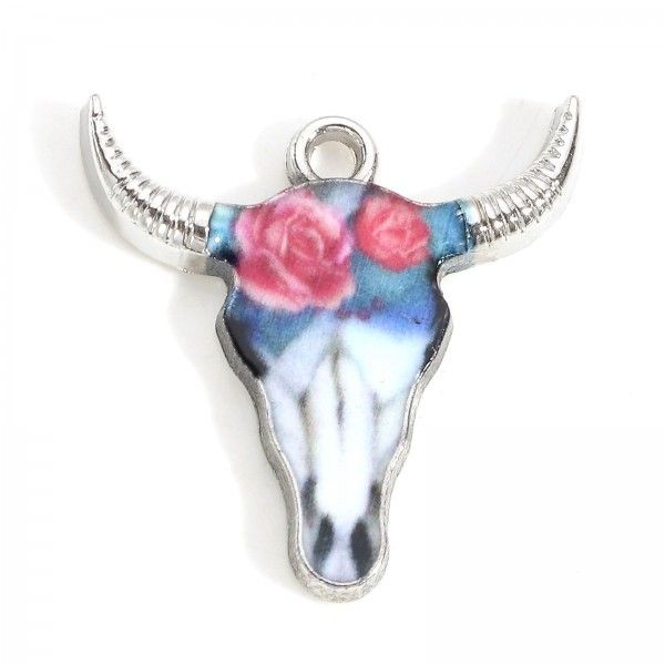 Pendentifs Buffalo, Buffle Tete Vache Boho Chic style emaillé 22mm metal couleur Argent, DIY bijoux