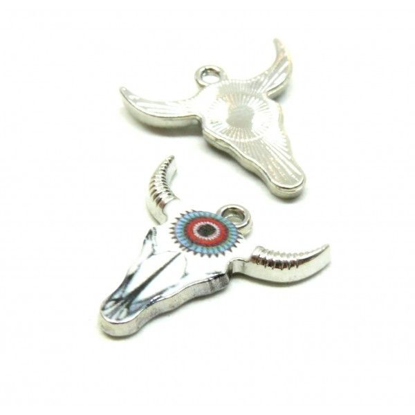 pendentifs Buffalo, Buffle Tete Vache Boho Chic style emaillé 22mm metal couleur Argent, DIY bijoux