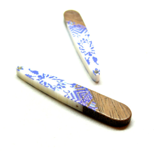Pendentifs Longue Goutte 44 mm en Bois et Résine Motif Type Azulejos