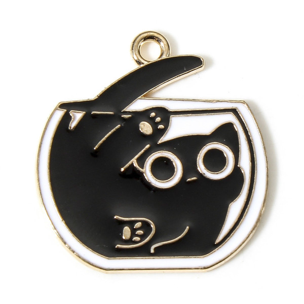 Pendentifs Chats émaillés Noir 26mm base doré