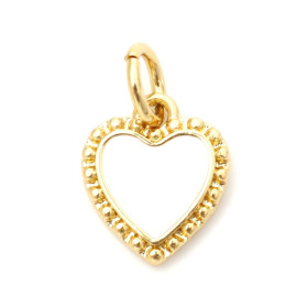 Pendentif avec anneau Coeur avec résine émaillée Blanc 9 mm Cuivre finition à l'or fin 18k