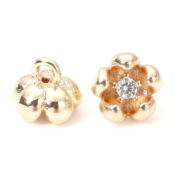 Pendentifs Fleur 3D avec Strass 6mm en Cuivre finition Doré 18KT pour création de bijoux raffinés