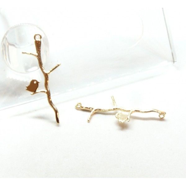 Connecteur Oiseau sur Branche 35 mm en Cuivre finition Doré 18KT  pour création de bijoux