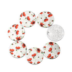 Pendentifs breloques Stardust Ronde 20 mm Coquelicots métal Argenté