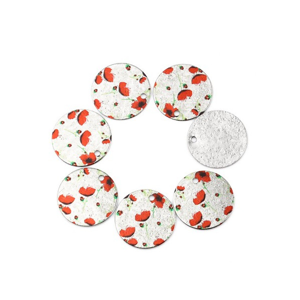 Pendentifs breloques Stardust Ronde 20 mm Coquelicots métal Argenté