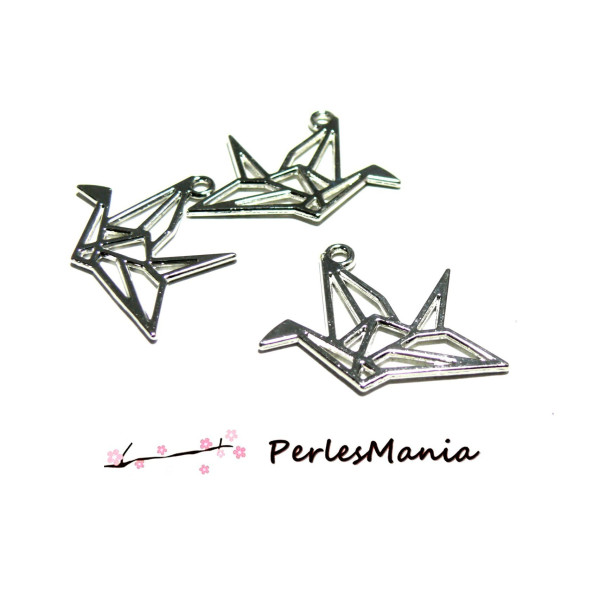 Pendentifs OISEAU ORIGAMI GRAND MODELE 29 par 23mm métal couleur Argent Antique