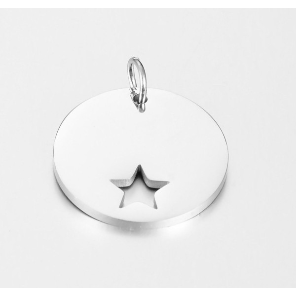 Pendentif avec anneau médaillon avec Etoile 20mm en  Acier Inoxydable 304 finition Argenté