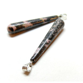 Pendentif longue goutte 59mm en Rhodonite avec bélière en métal finition Argenté