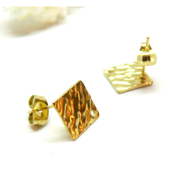 Boucles d'oreilles Puce Losange Martelée 12mm Acier inoxydable 304 finition Doré