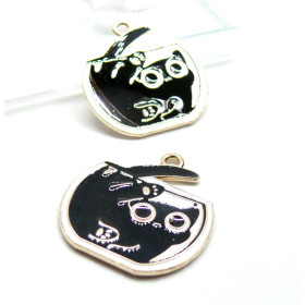 Pendentifs Chats émaillés Noir 26mm base doré