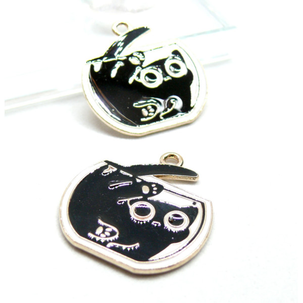 Pendentifs Chats émaillés Noir 26mm base doré