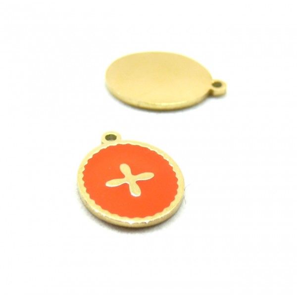 Pendentif Médaillon Ovale avec Croix, résine émaillé orange 13mm en Acier Inoxydable 316L finition Doré