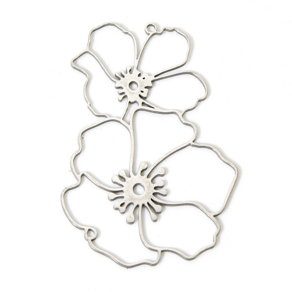 Pendentifs Double Fleurs 52mm en  Acier Inoxydable 304 finition Argenté