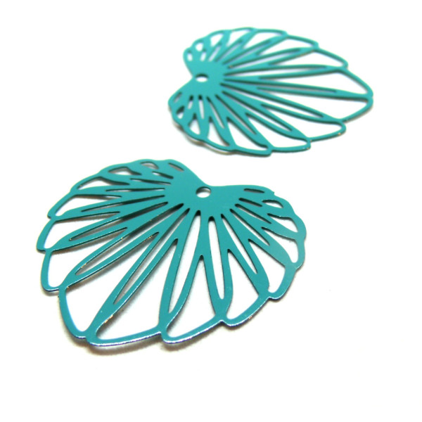 Estampes Pendentifs Feuille 35mm métal finition Bleu Vert pétrole