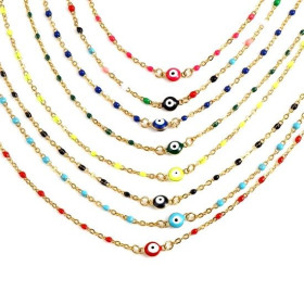 Collier avec résine emaillée Rose 45 cm Oeil de la protection maille 2.4mm en Acier Inoxydable 304 finition Doré