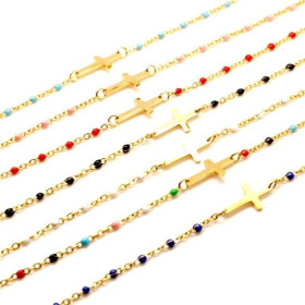 Bracelet - Croix résine émaille Noir 19 cm- en Acier Inoxydable 304 -finition Doré